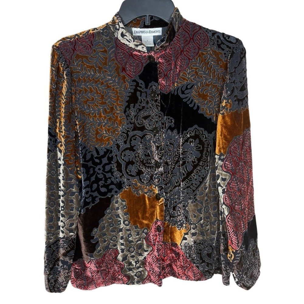 Draper's & Damon's Silk Blend Velvet Burnout Button Up Top Sz Small Goth Grunge